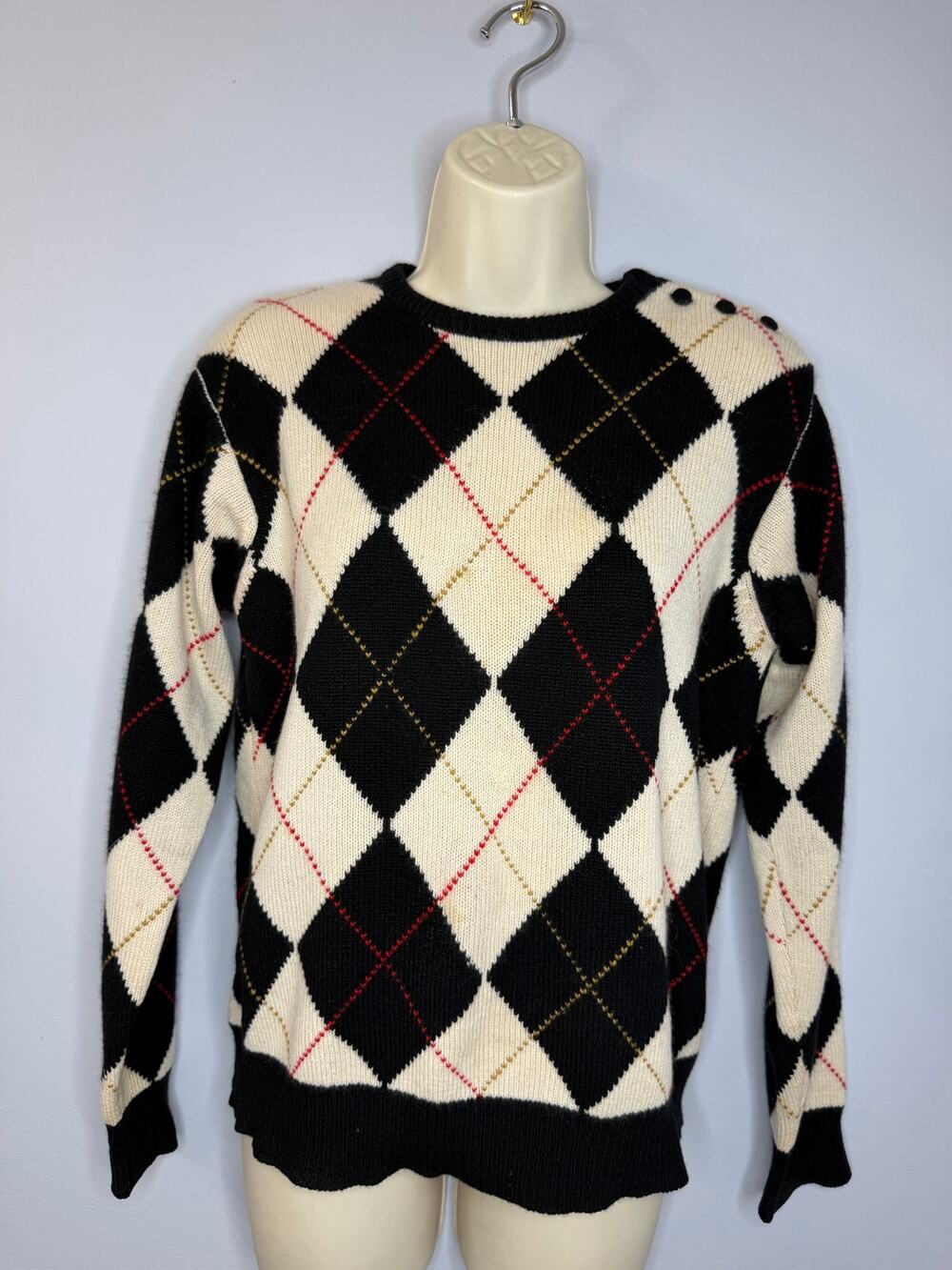 Vintage Belford Cashmere Argyle Print Sweater Women's S Classic Black Cream